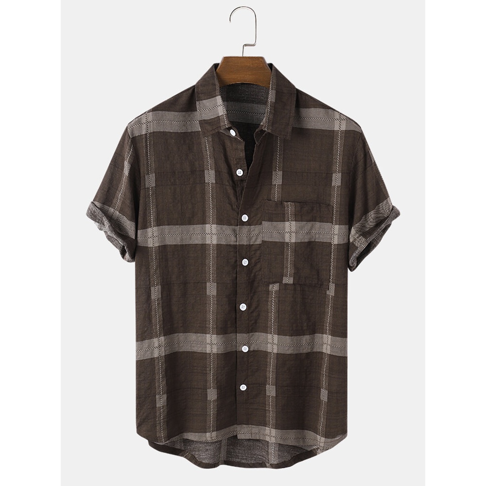 Mens Vintage 100% Cotton Short Sleeve Casual Shirts - Brown S