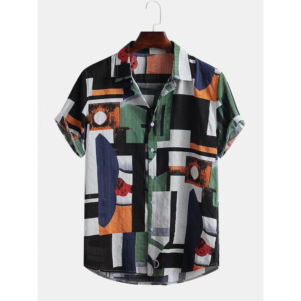 Men Abstract Colorblock Short Sleeve Relaxed Shirts - 3XL Red