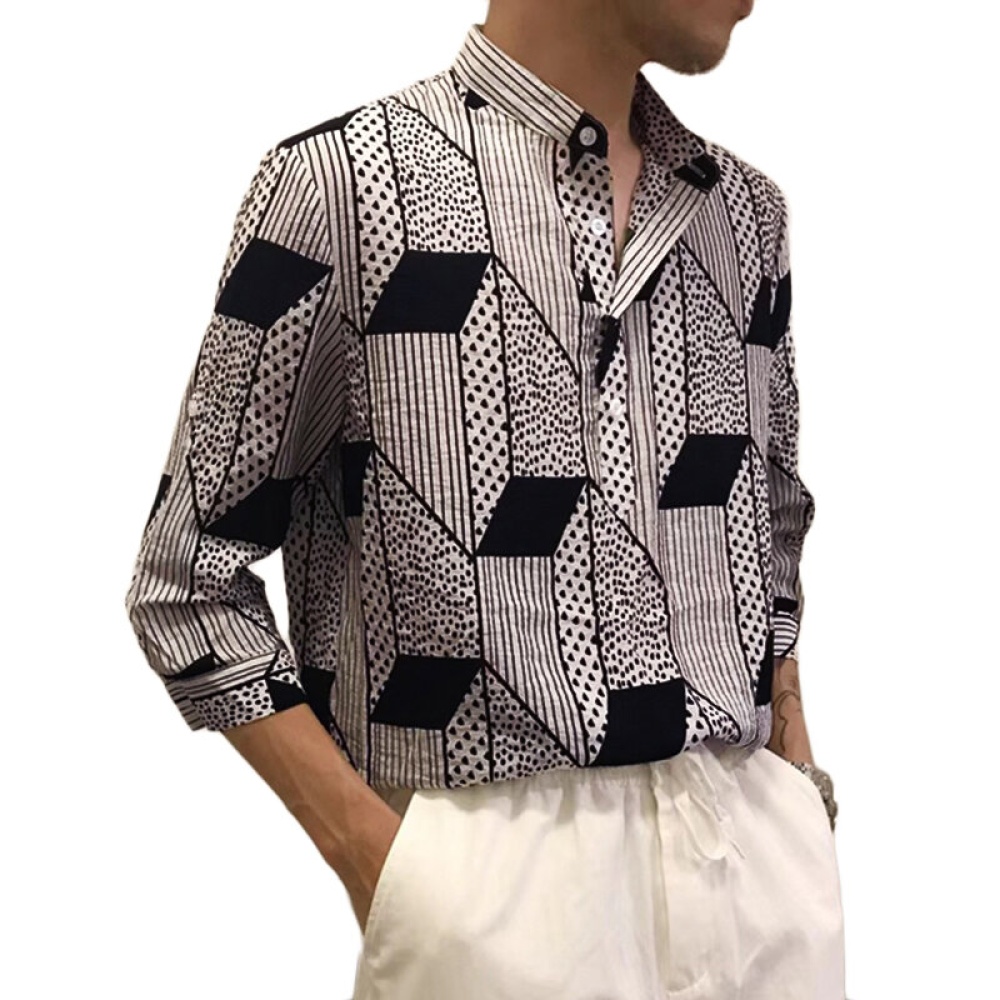 Men Summer Casual Loose Stand Collar 3D Prism Printing Shirt - 2XL Black