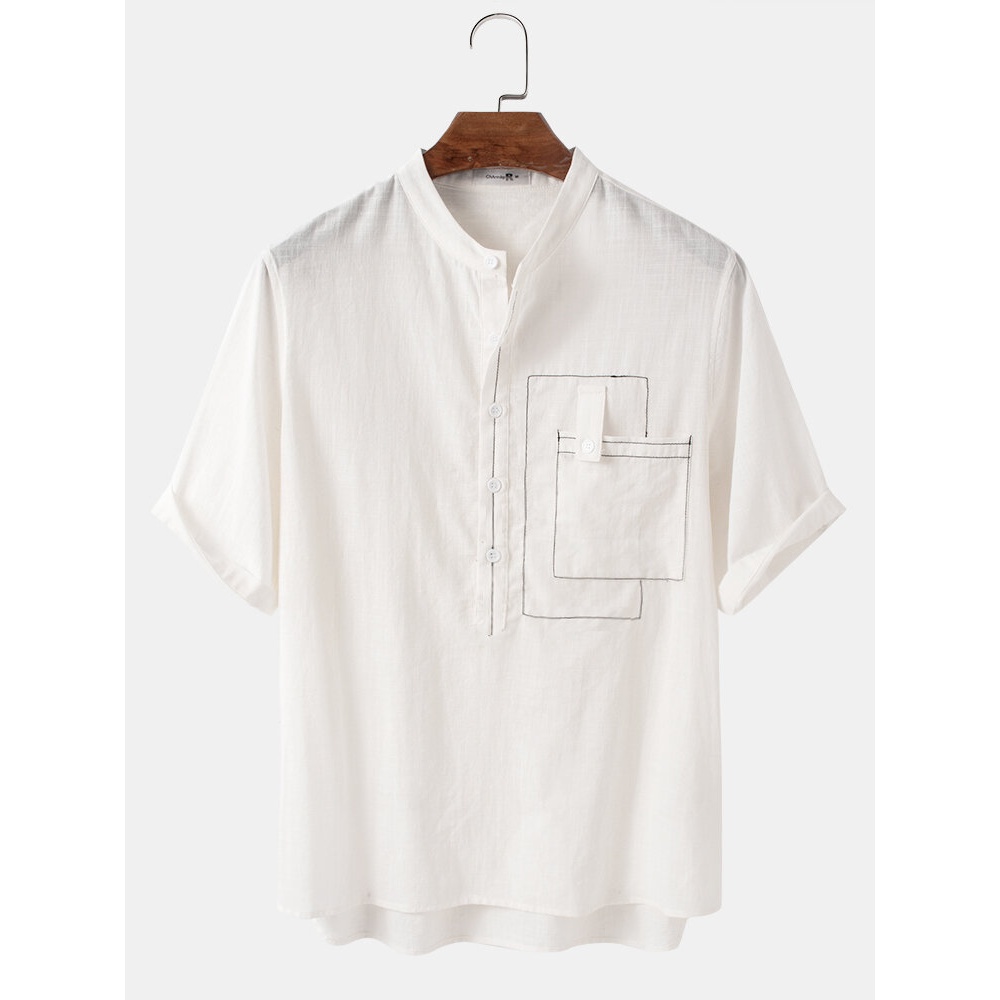 Mens 100% Cotton Solid Short Sleeve Henley Shirts - White M
