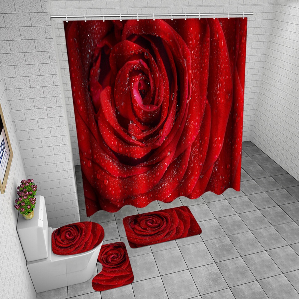 180x180CM Red Rose Printing Waterproof Shower Curtain 3-in-1 Anti-slip Dustproof Bath Mat Kit - Floor Mat - Image 2