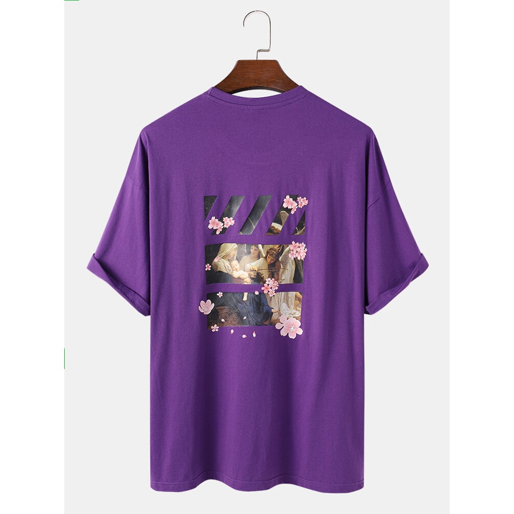 Mens Figure Floral Back Graphics 100% Cotton Loose Short Sleeve T-Shirts - Black M