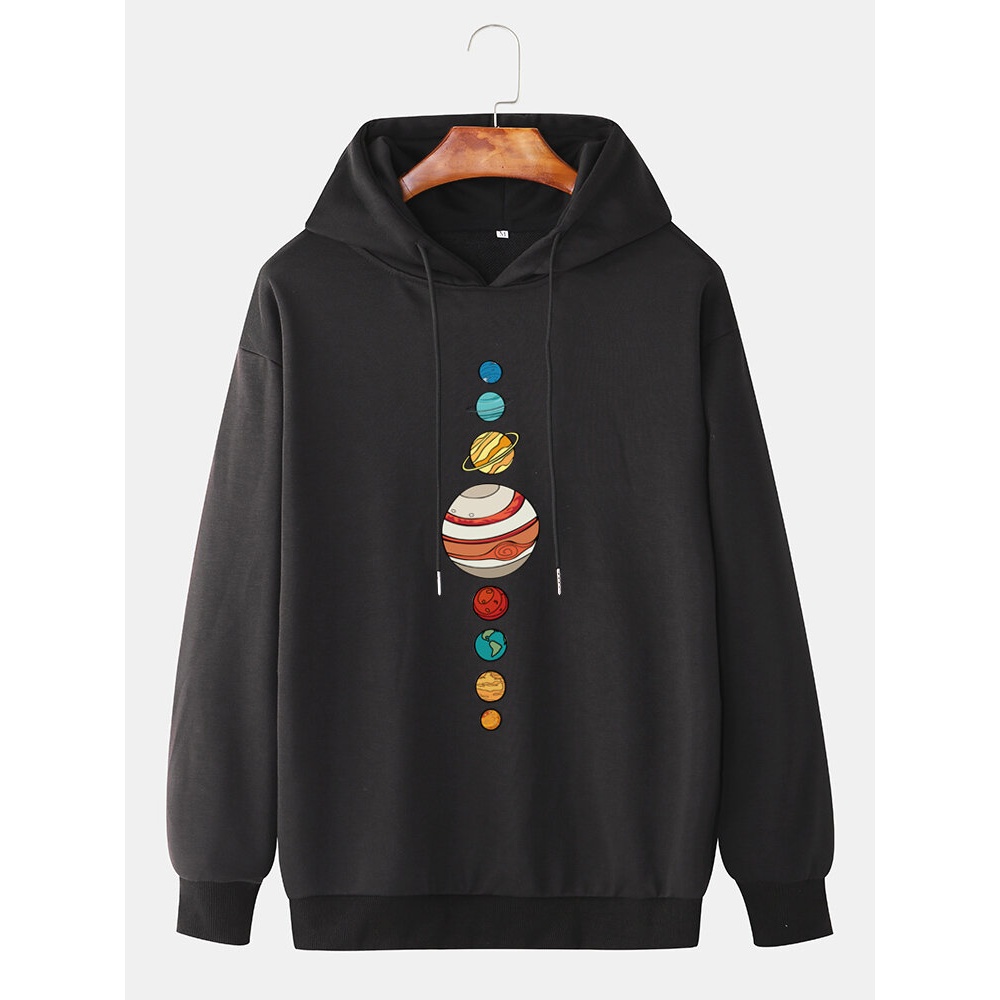 Mens Cute Multi Planet Print Drop Shoulder Long Sleeve Casual Hoodies - Black XL