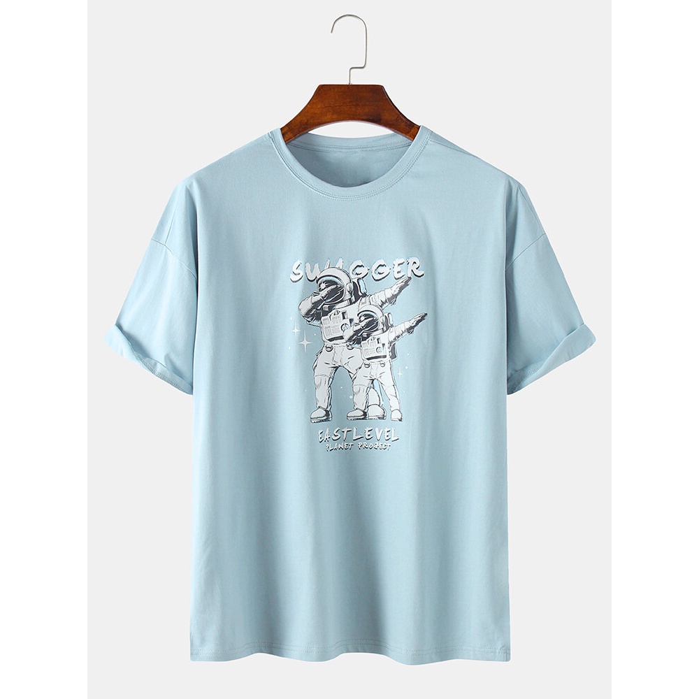 Astronaut Moon Landing Print Crew Neck Short Sleeve T-Shirts - White M