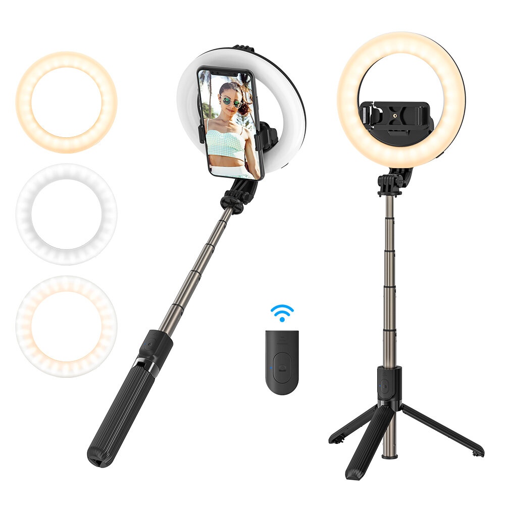 BlitzWolf® BW-BS8 Pro bluetooth Selfie Stick 5 inch Ring Light LED Fill Light Extendable Foldable Selfie Stick Tripod For Phone Sport Camera - Black - Image 2