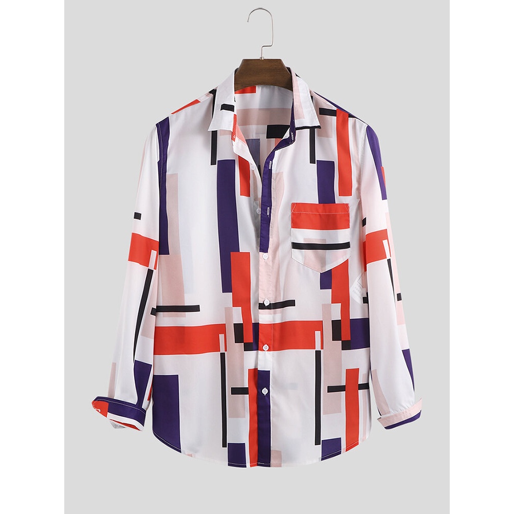 Men Hit Color Irregular Printed Long Sleeve Lapel Shirts - 2XL Red