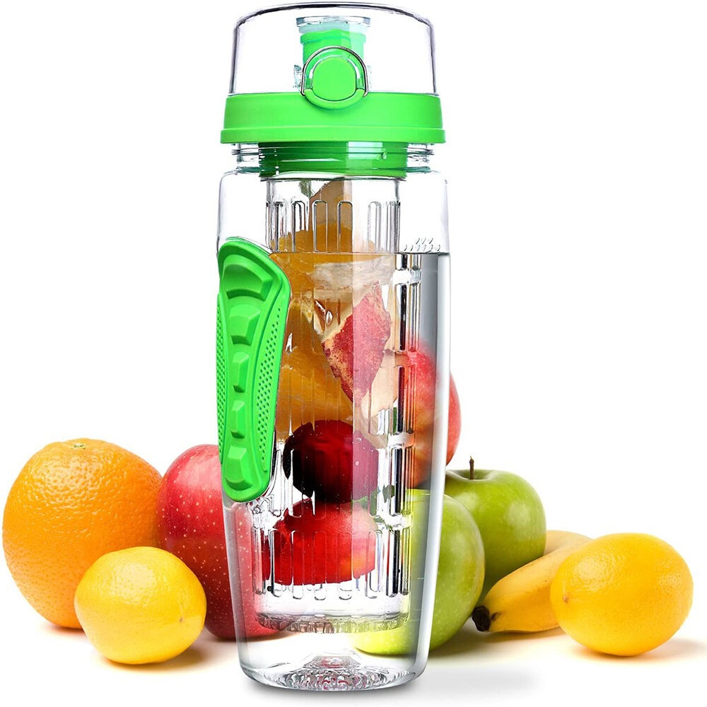 1L Sport Fruit Infuser Water Bottle with Dual Anti-Slip Grips Flip Top Lid Water Bottle for Office and Home Drinking Cup - Blue - Image 2