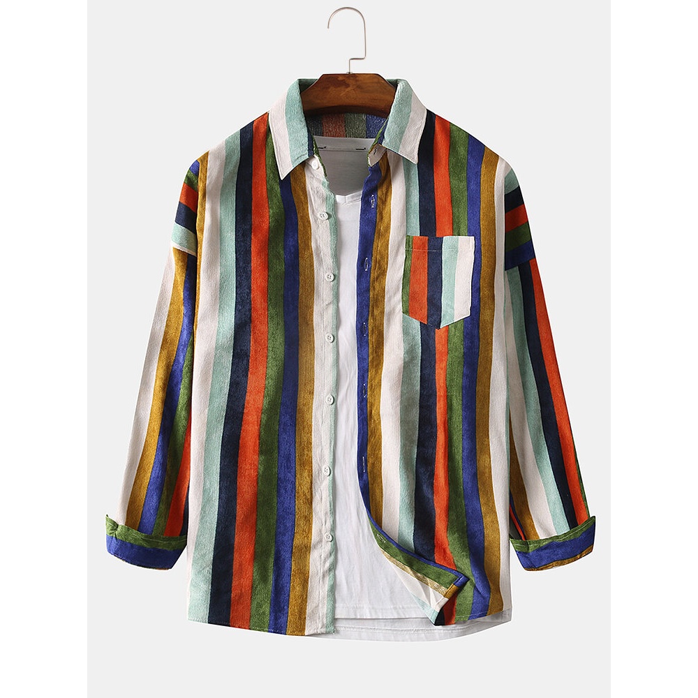 Mens Corduroy Colorful Stripe Chest Pocket Casual Long Sleeve Lapel Shirts - Grey M