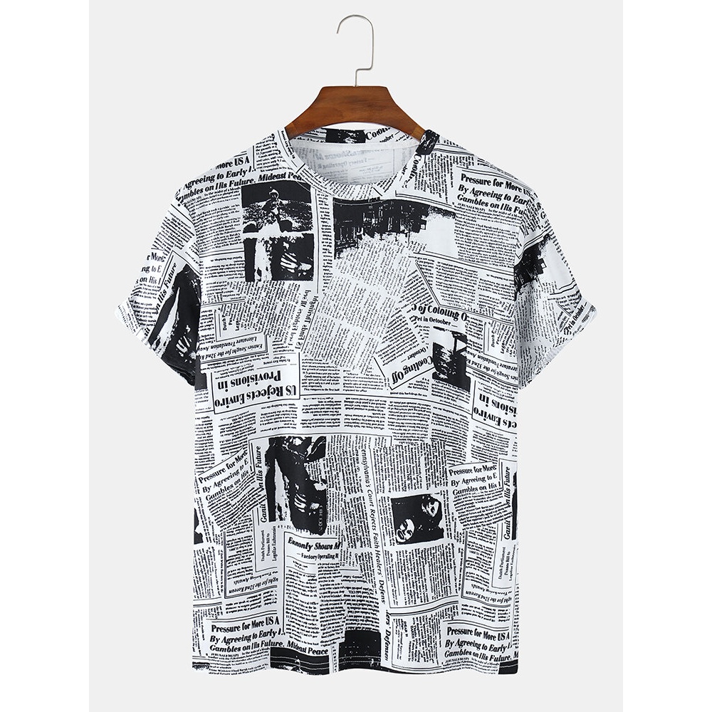 Mens Newspaper Print Round Neck Short Sleeve Casual T-Shirts - White M