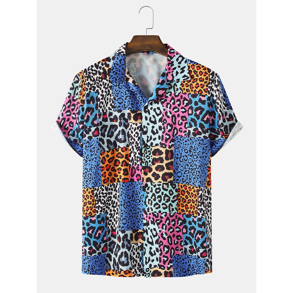 Mens Mixed Leopard Print Revere Collar Short Sleeve Shirts - Blue 2XL