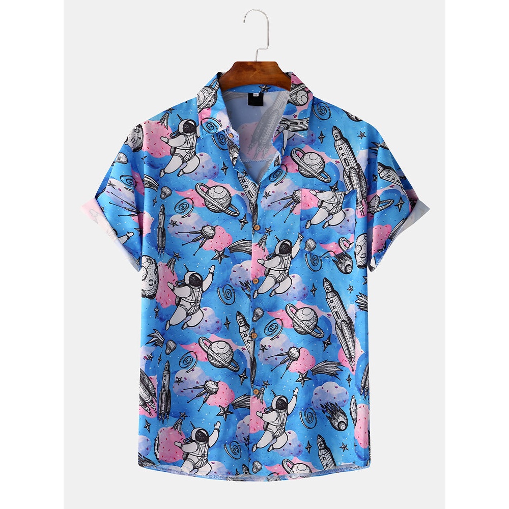 Men Women Fashion Space Graffiti Cloud Print Hawaii Turn Down Collar Shirts - Blue XL