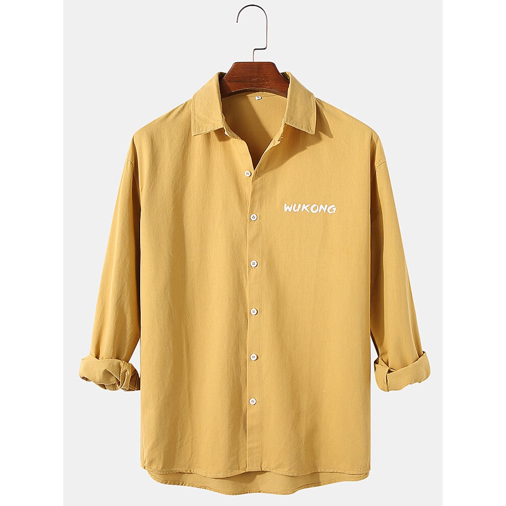 Mens Cotton Letter Print Lapel High Low Hem Button Up Long Sleeve Shirts - Yellow S
