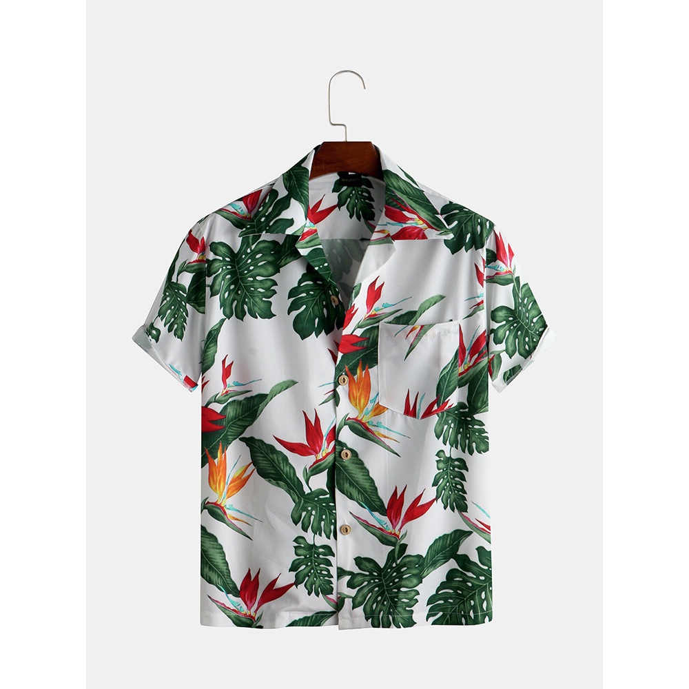 Men Leaf Printed Tropical Hawaiian Style Short Sleeve Revere - S Yellow