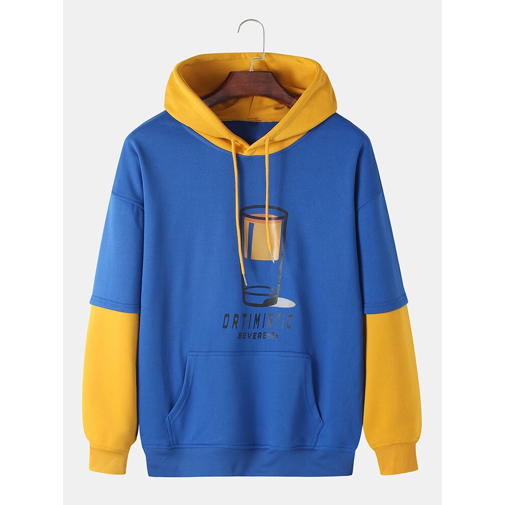 Mens Cup Print Patchwork Drop Shoulder Kangaroo Pocket Casual Hoodies - White 4XL