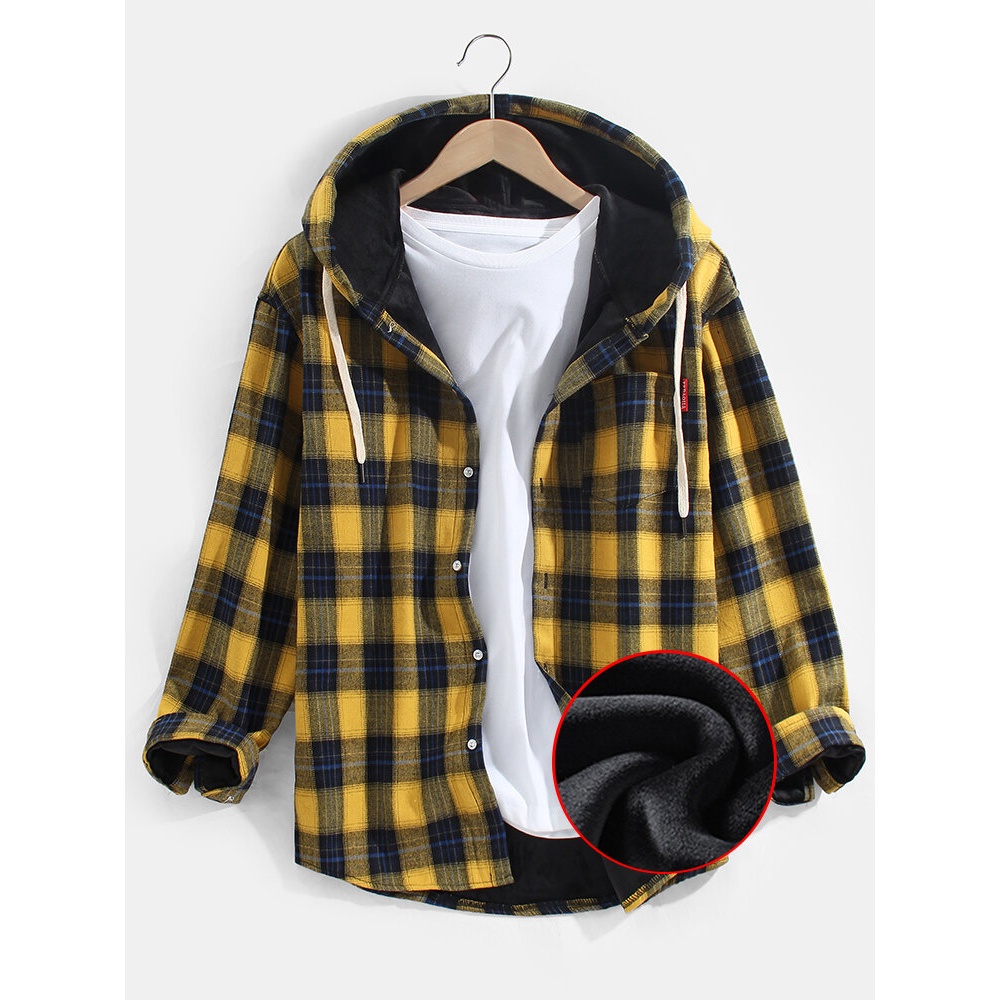Mens Plaid Chest Pocket Velvet Lined Warm Long Sleeve Hooded Shirts - Apricot L