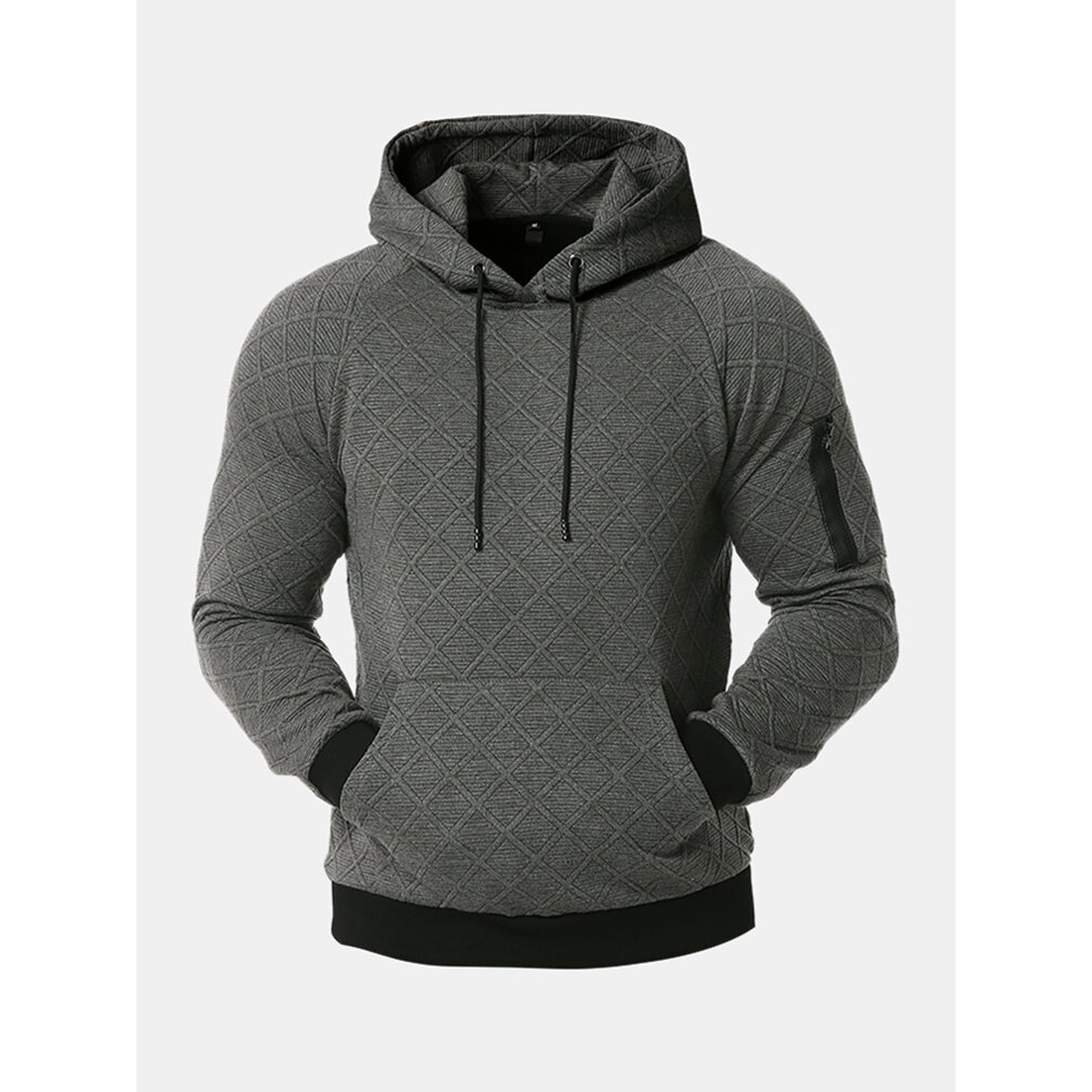 Mens Solid Color Texture Pocket Long Sleeve Casual Drawstring Hoodies - Black XL