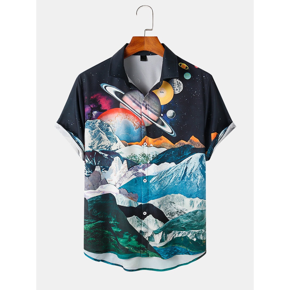 Mens Mountain & Planet Print Lapel Short Sleeve Shirt - Black S