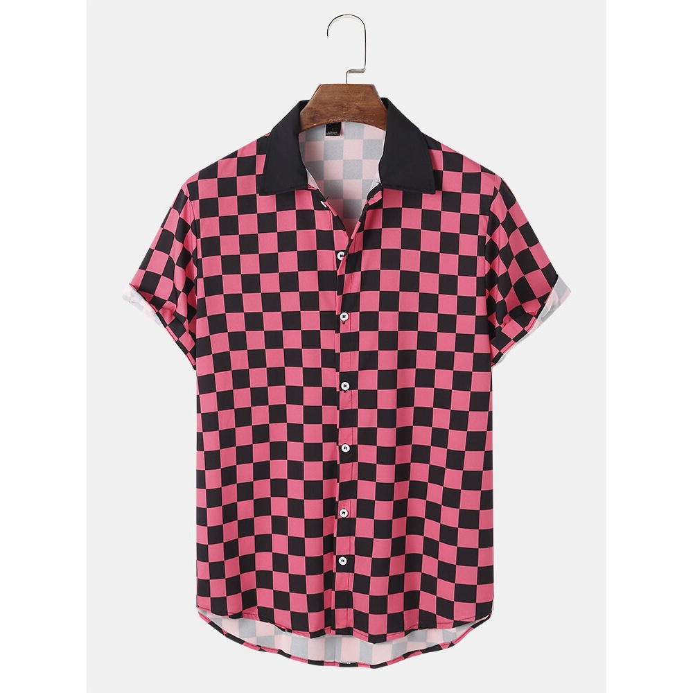 Mens Checkerboard Pattern Short Sleeve Casual Shirts - Red M