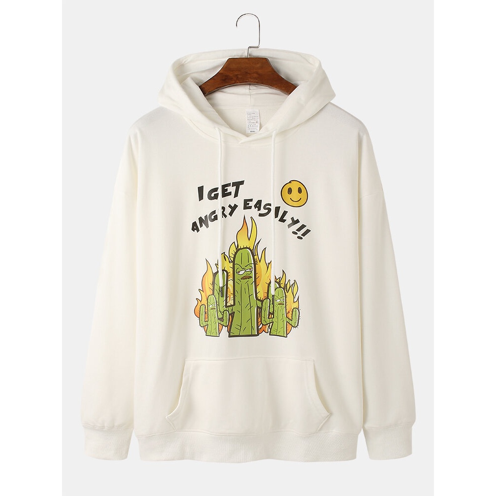 Mens Slogan Cartoon Cactus Print Drawstring Hoodies With Pocket - White 2XL