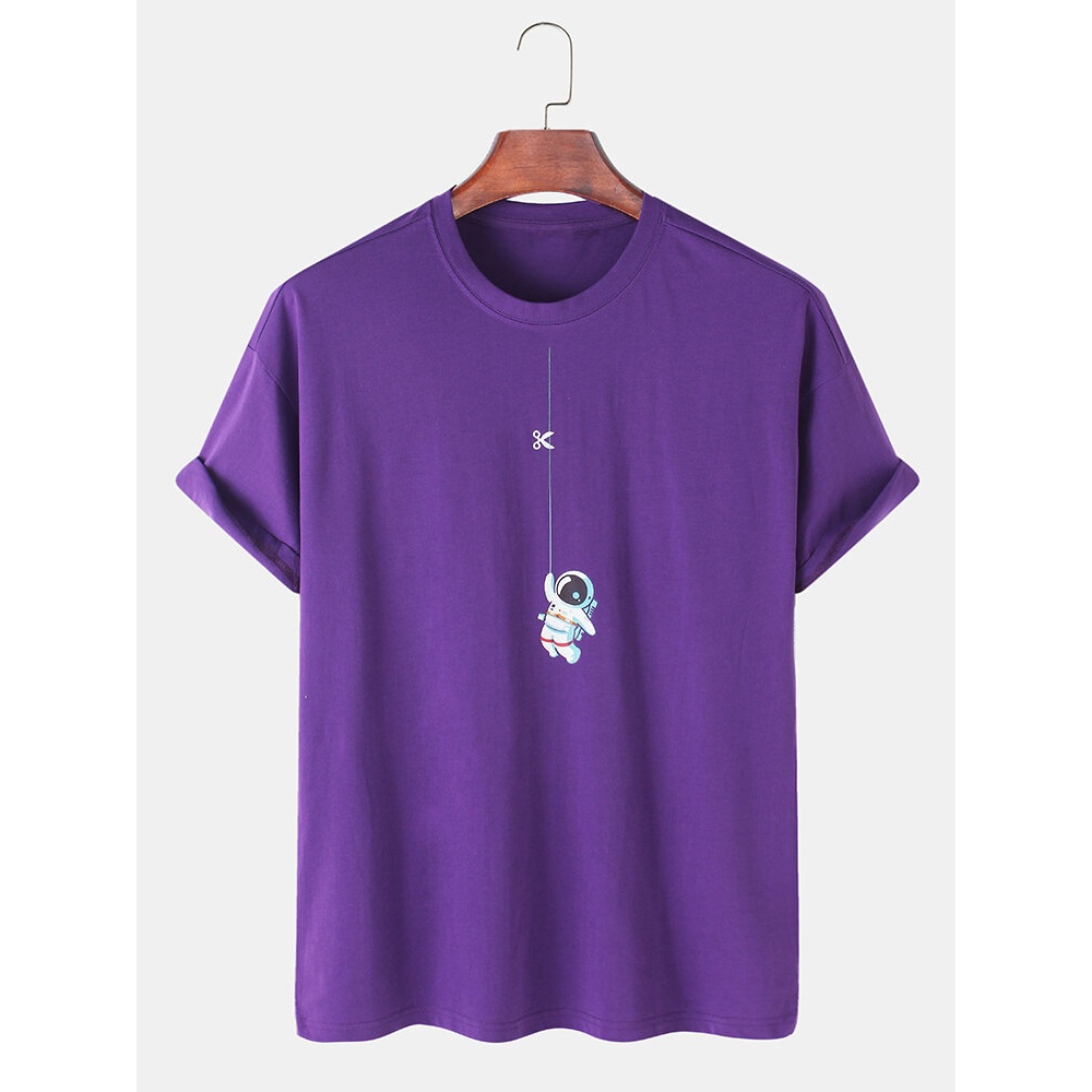 Cute Cartoon Astronaut Print Breathable 100% Cotton Short Sleeve T-Shirts - Black M