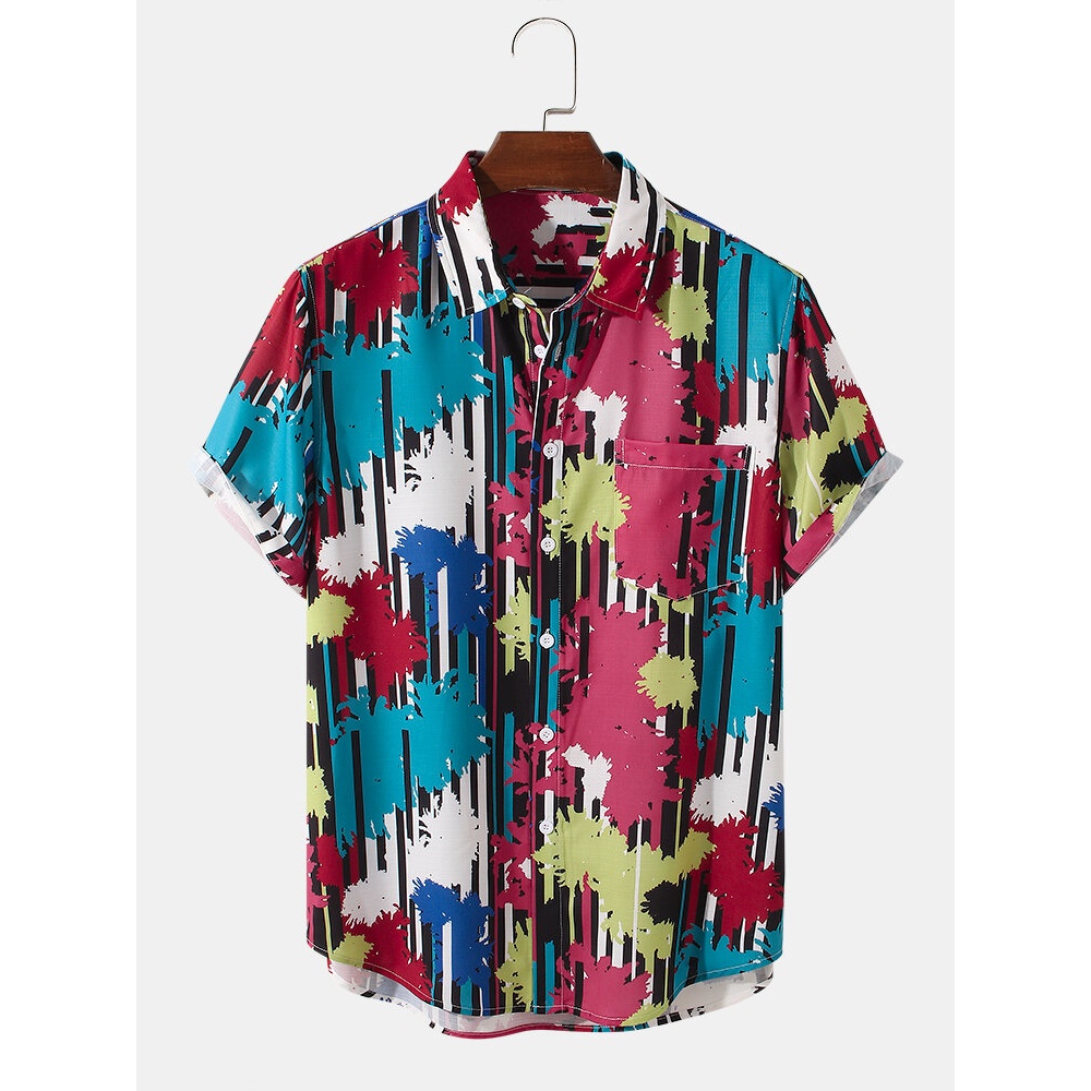 Mens Abstract Stripe Print Lapel Short Sleeve Shirts - Blue S