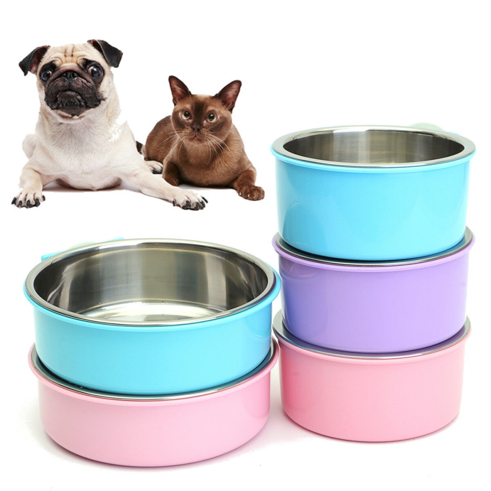 Stainless Steel Dog Cat Bird Puppy Pet Hanging Cage Bowl Feeding Water Food - pink L - Image 2