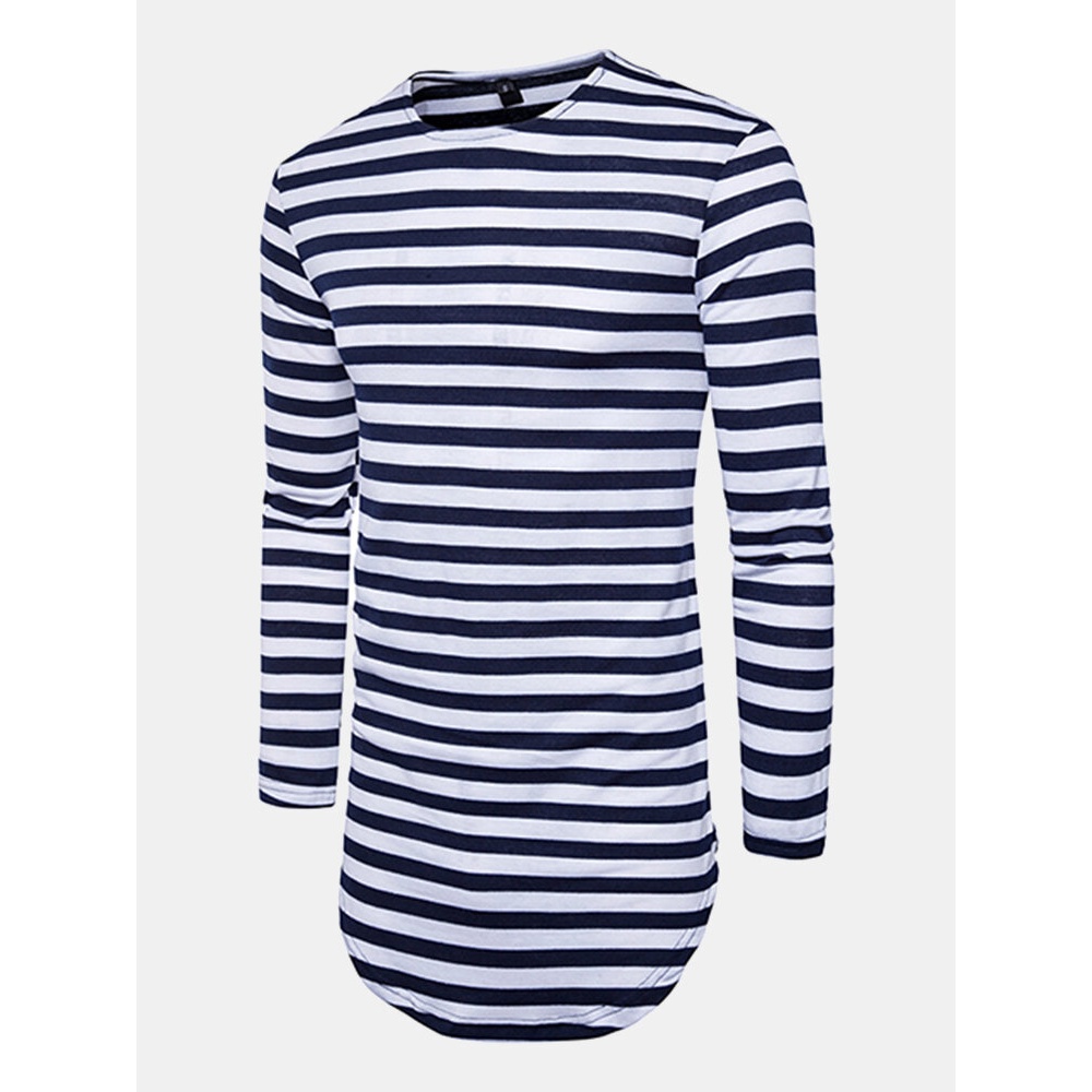 Hip-hop High Street T-shirt Men's Round Neck Fashion Stripes Long T-shirt - L Gray