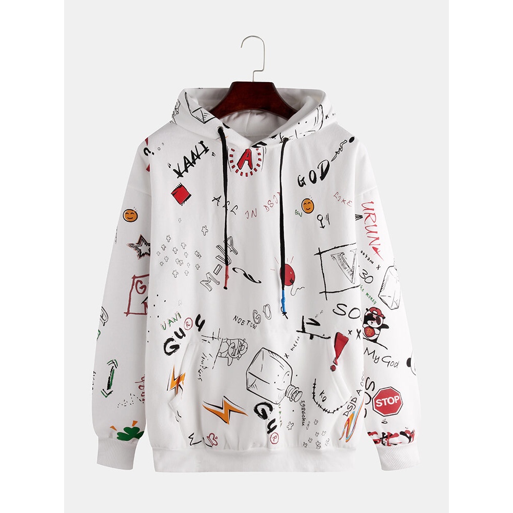 Mens Fashion Multi Pattern Overhead Printing Hooded Casual Sweatshirt - 2XL Black