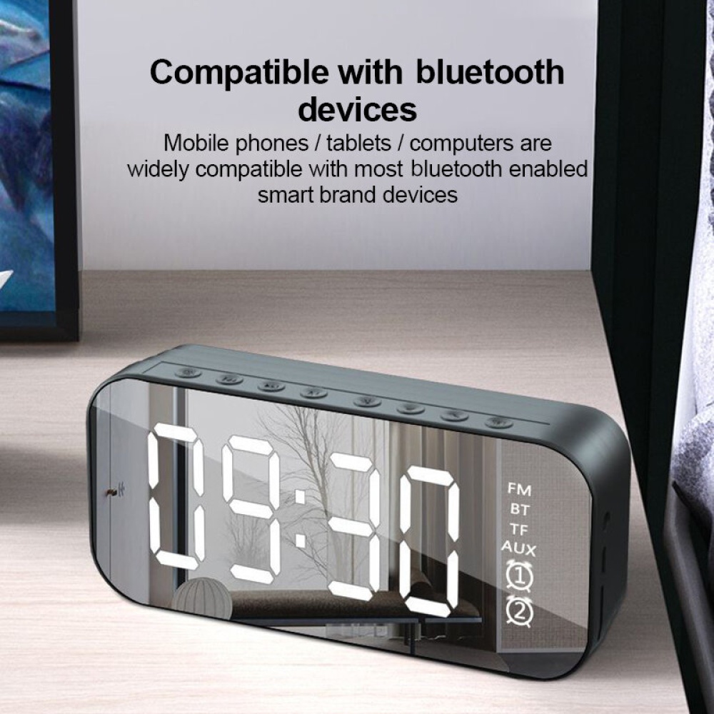 Wireless bluetooth Speaker Mini LED Double Alarm Clock FM Radio TF Card AUX Soundbar Subwoofer - White - Image 2