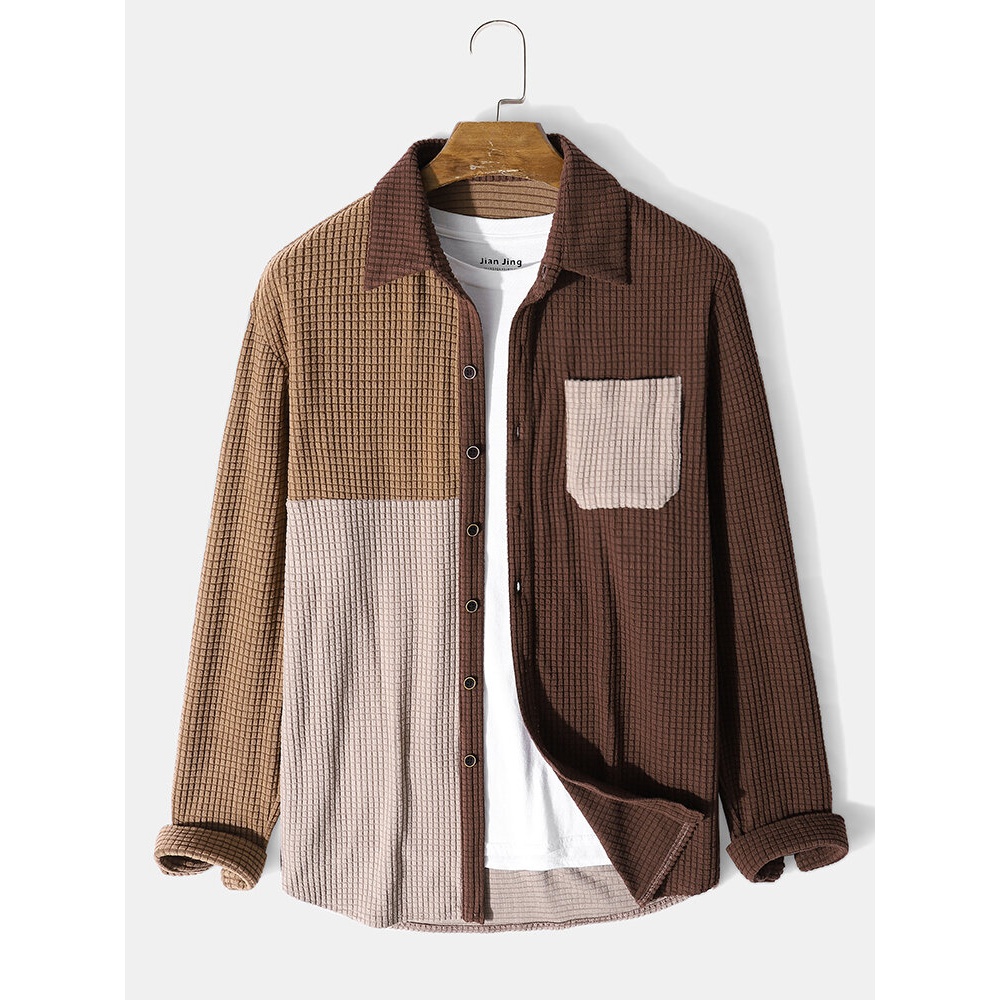 Mens Color Block Pocket Button Down Corduroy Shirt - Brown S