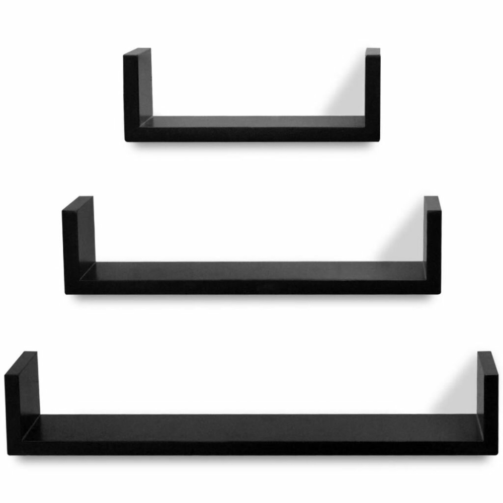 3 Black MDF U-Shaped Floating Wall Display Shelves Book/DVD Storage - Image 2