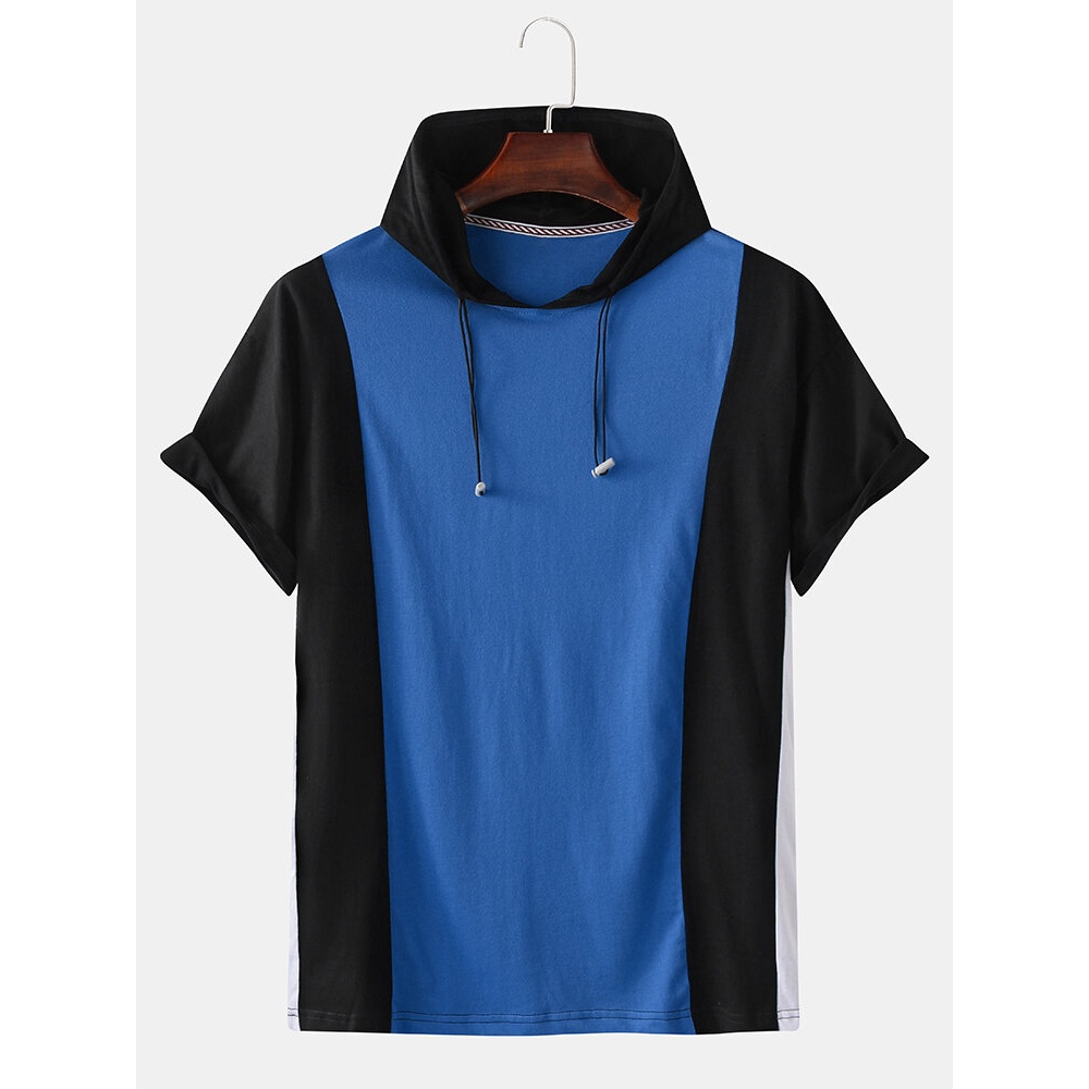 Men Casual Cotton Hooded Color Block Solid Color Short Sleeve Sport T-Shirts - Yellow XL