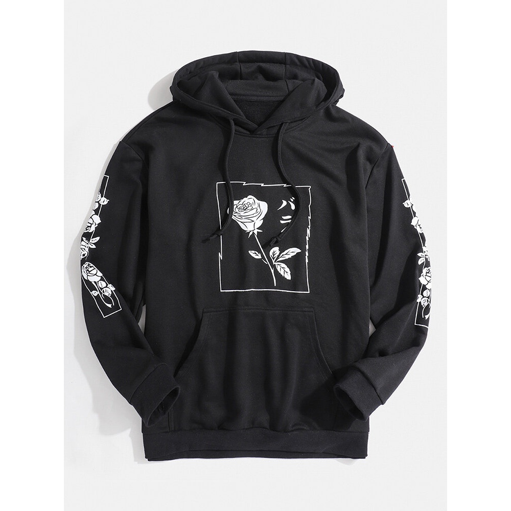 Mens Graphic Rose Print Relaxed Fit Drawstring Hoodies - Black S