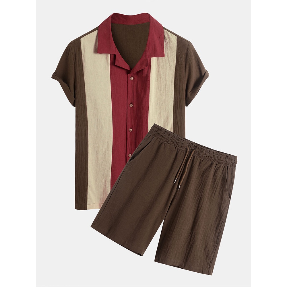 Mens 100% Cotton Color Block Patchwork Two Pieces Outfits - Coffee S