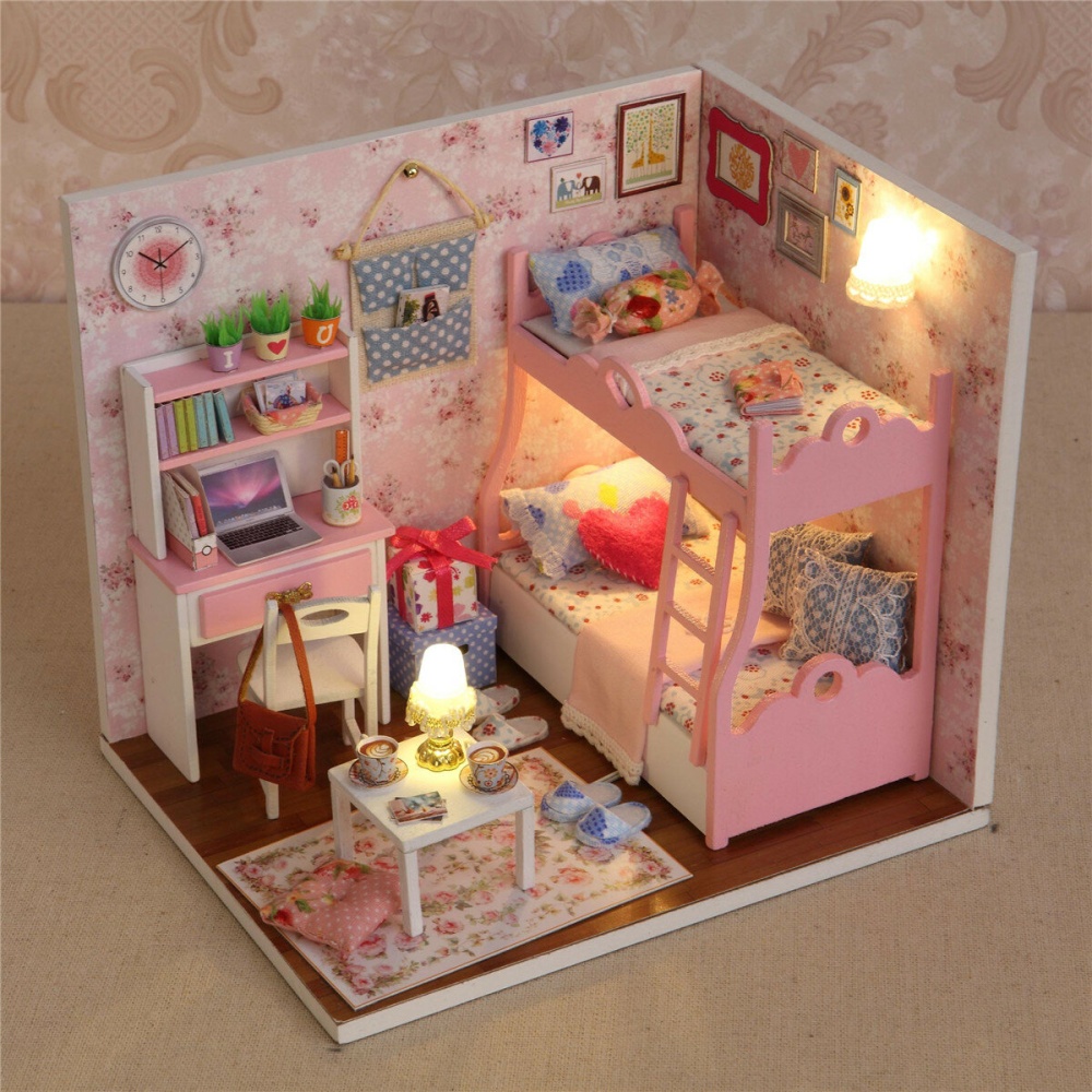 DIY Doll House LED Light Furniture Toys Mini Children's Crafts Kids Gift - Pink - Image 2