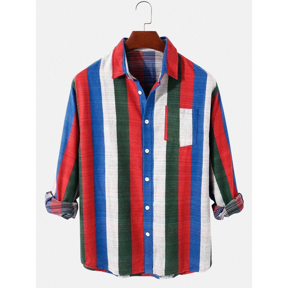 Mens Cotton Striped Printed Pocket Lapel Casual Long Sleeve Shirts - Red L