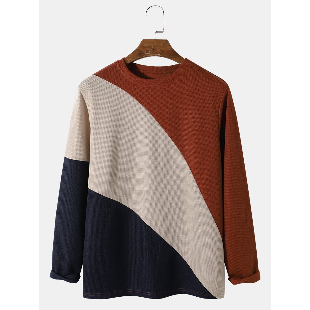Mens Crew Neck Long-Sleeve Color Block T-Shirt - Orange 2XL