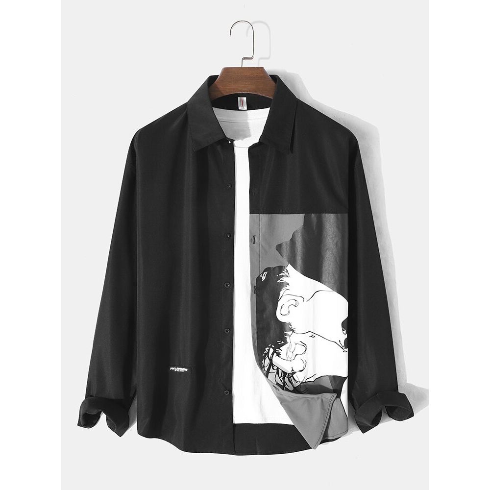 Mens Patchwork Pattern Stitching Patton Button Lapel Casual Shirts - Grey M