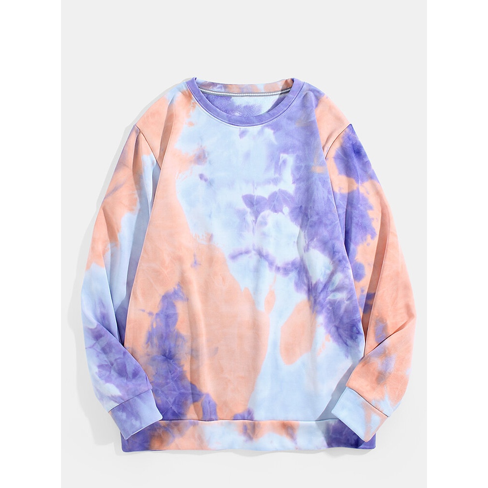 Mens Tie Dye Print Crew Neck Casual Pullover Sweatshirts - Yellow XL
