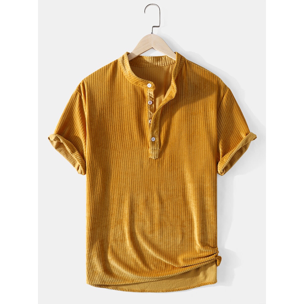 Corduroy Mens Solid Color Texture Short Sleeve Casual Henley Shirts - Yellow S