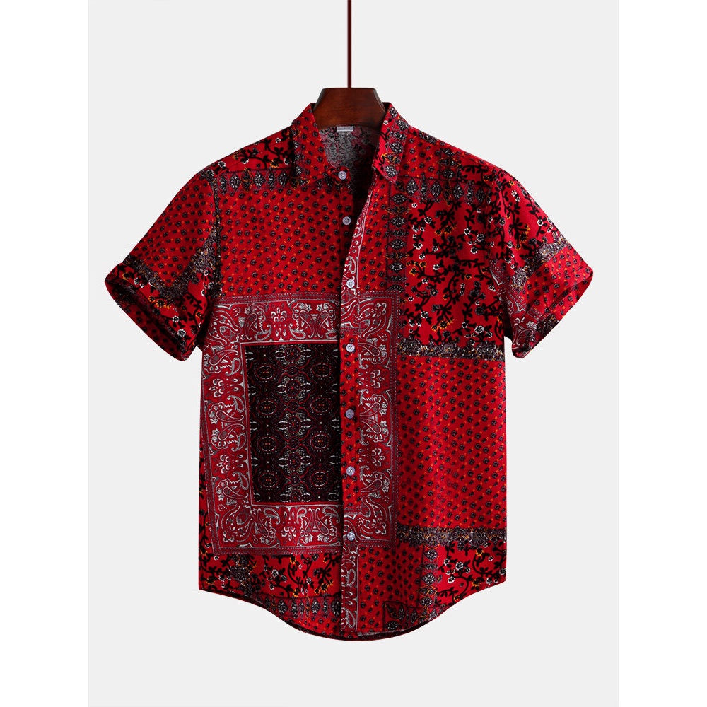 Mens Red Printed Summer Short Sleeve Ethnic Style Loose Casual Shirts - L Red