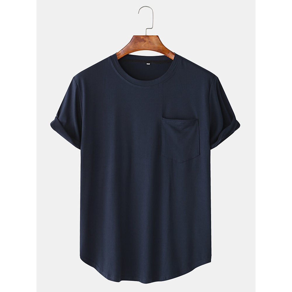 Men Casual Loose Solid Color Patchwork Pocket Crew Neck Short Sleeve T-Shirts - Navy M