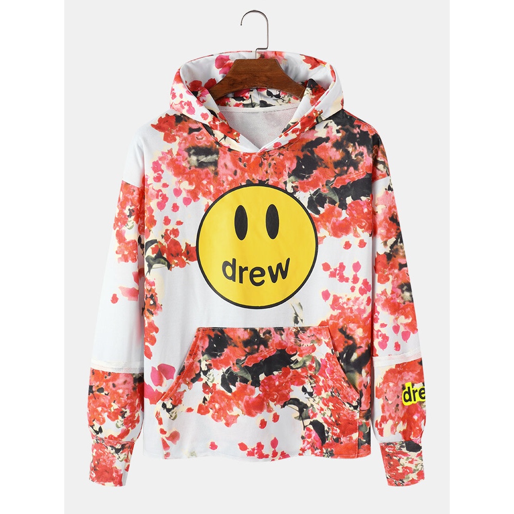 Mens Drew Emojis & Floral Print Design Hoodies With Kangaroo Pocket - Red M
