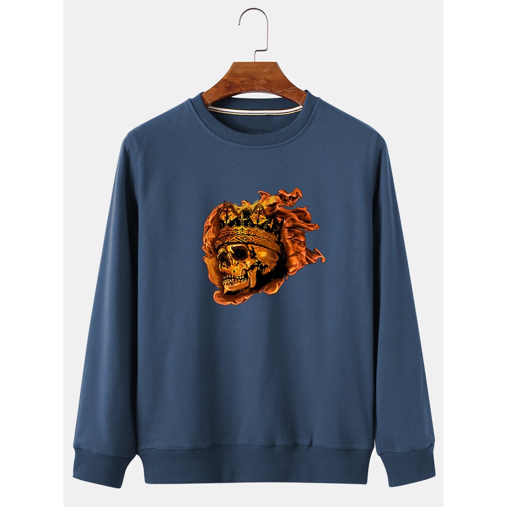 Mens Skull Graphic Chest Print Solid Color Casual Loose Fit Pullover Sweatshirts - White S