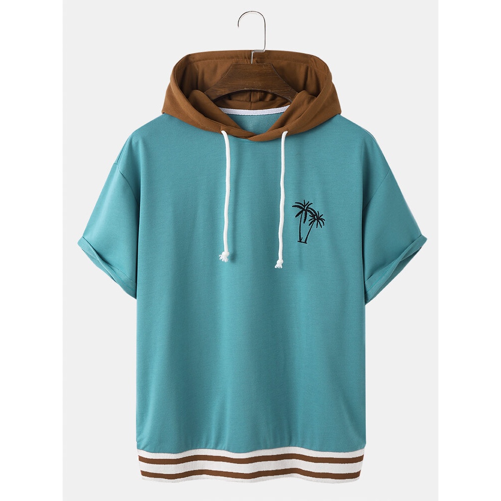 Mens Hooded Coconut Tree Embroidery Patchwork Drop Shoulder T-Shirts - Blue 2XL