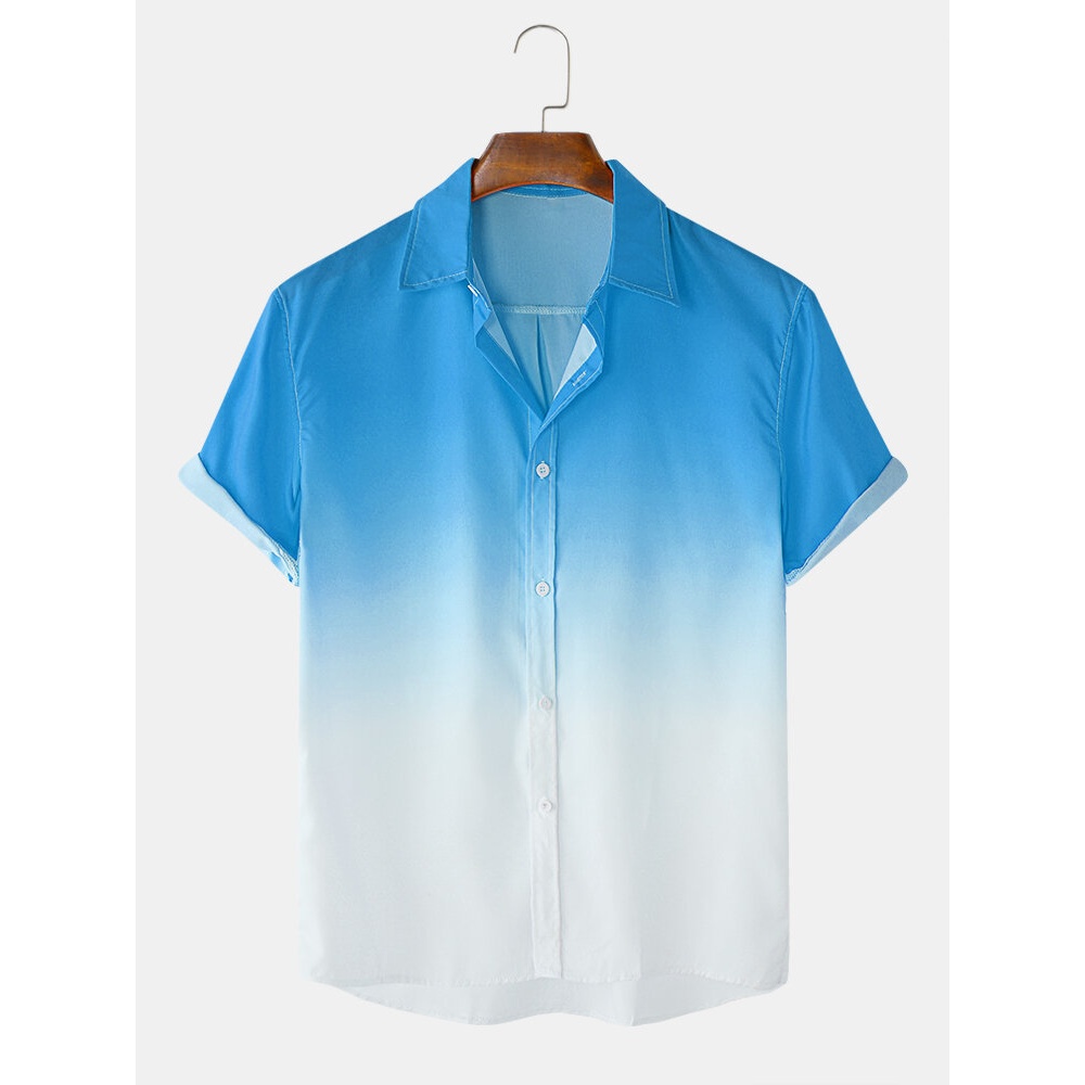 Mens Designer Gradient Fold Down Collar Short Sleeve Casual Shirts - Light Blue L