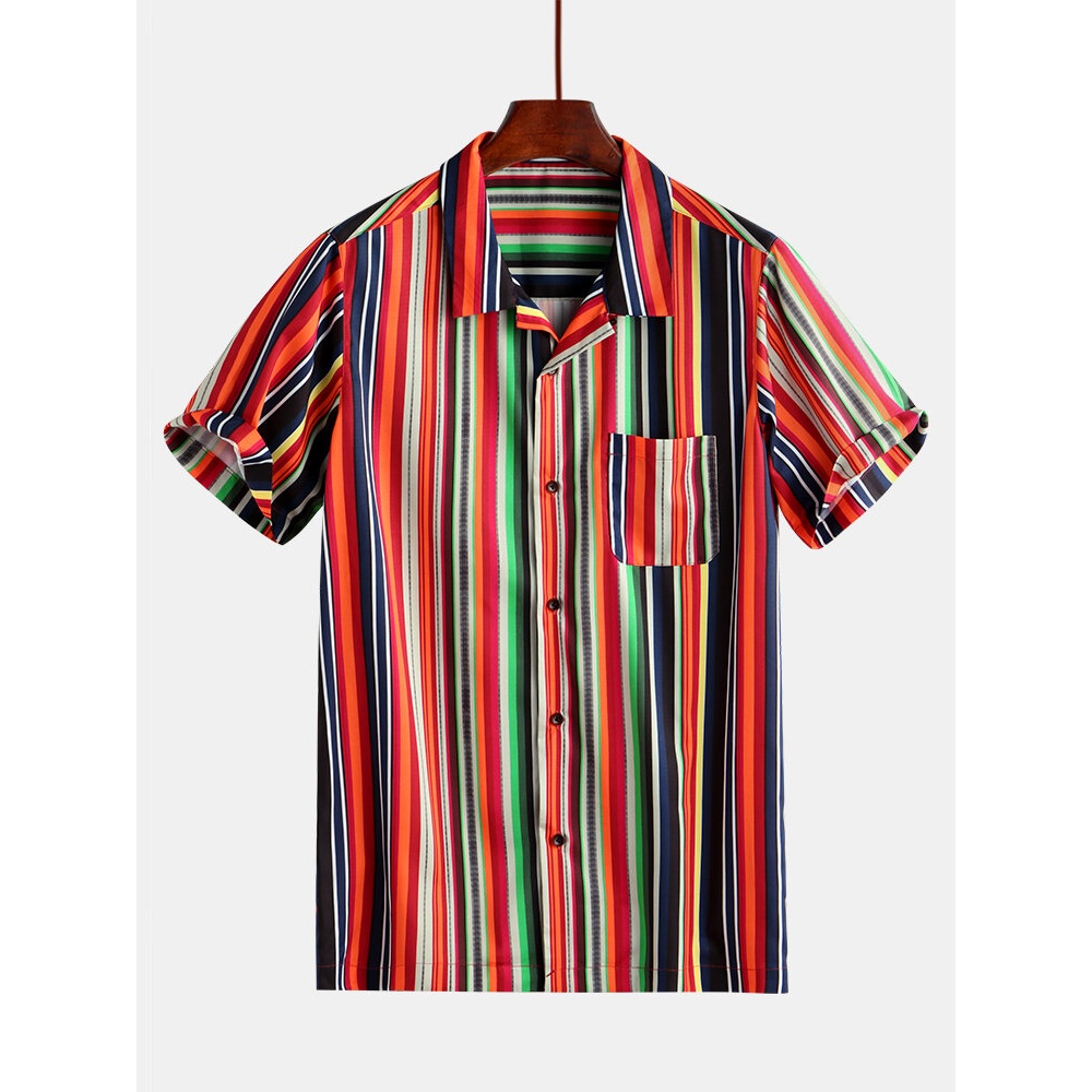 Mens Summer Stripe Printing Buttons Practical Pocket Shirts - M Blue