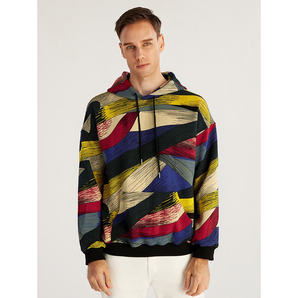 Mens Hit Color Stripe Muff Pocket Casual Long Sleeve Hoodies Sweaters - XL Brown