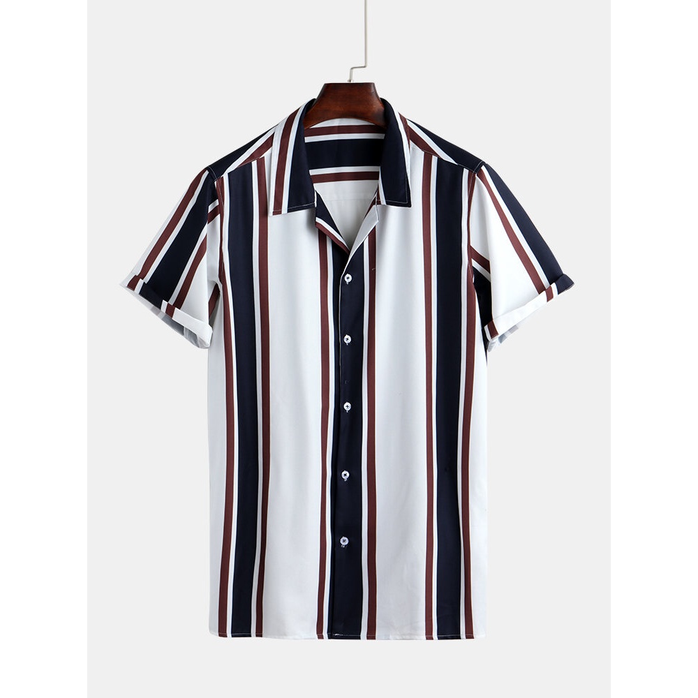 Mens Fashion Patchwork Big Stripe Breathable Casual Shirts - 3XL Blue Red