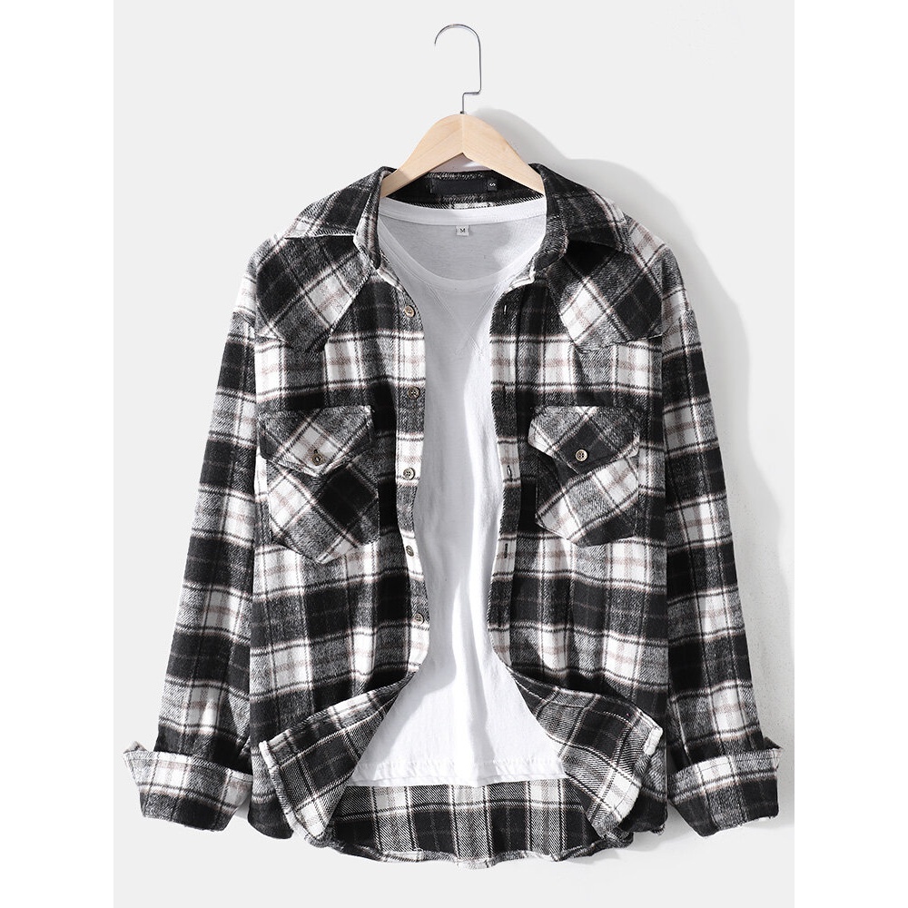 Mens Classic Plaid Double Pocket Lapel Woolen Long Sleeve Shirts - Camel S